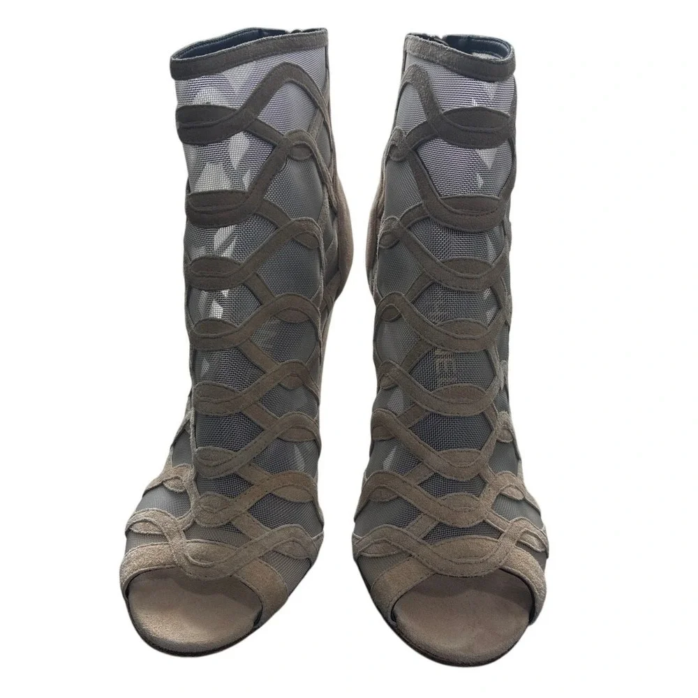 Chanel Taupe Suede Cage Booties EU 36 Peep Toe‎ Heels 3.5
